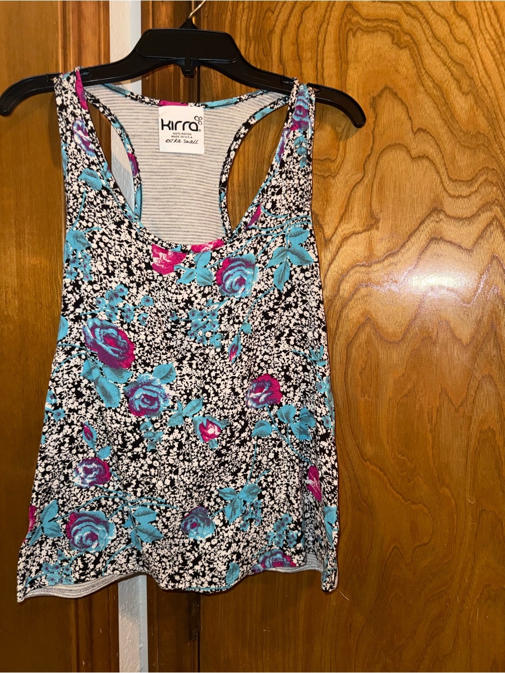 Kirra y2k Xs tank top half grey striped half with blue & purple flowers